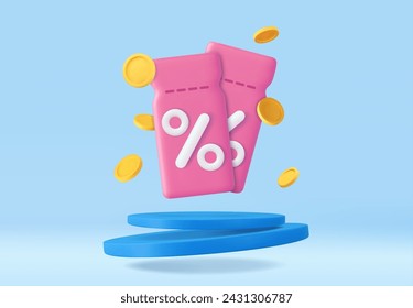 3d coupon with coins in blue podium background. Voucher card cash back template design with coupon promotion. 3d rendering. Vector illustration