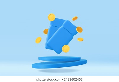 3d coupon with coins in blue podium background. Voucher card cash back template design with coupon promotion. 3d rendering. Vector illustration