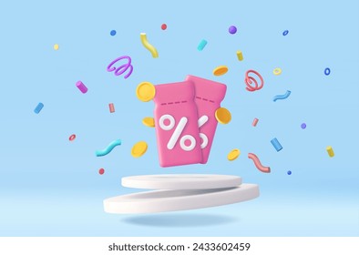 3d coupon with coins in blue podium background. Voucher card cash back template design with coupon promotion. 3d rendering. Vector illustration