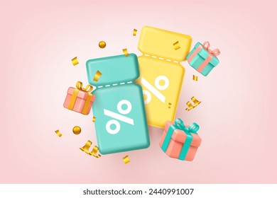 3D coupon. Gift voucher. Bonus ticket. Discount icon. Present boxes. Sale reward. Marketing win promo. Flying prize. Finance coin and golden confetti. Render color certificate. Vector illustration