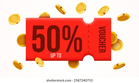 3d coupon with golden coins and. Special giveaway with coupons or voucher, percentage off. Gift voucher template. Vector illustration