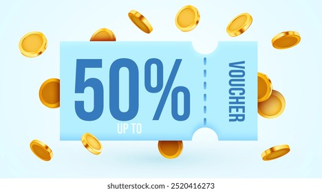 3d cupom com moedas de ouro e caixa presente. Doações especiais com cupons ou cupons, porcentagem de desconto. Modelo de vale-presente e sinal de moeda de ouro. ilustração de vetor 3d