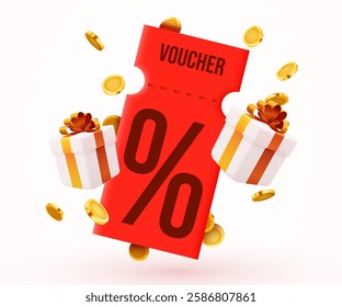 3d coupon with golden coins and present box. Special giveaway with coupons or voucher, percentage off. Gift voucher template. Vector illustration