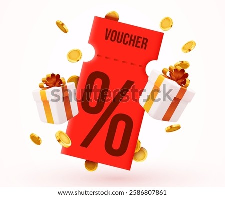 3d coupon with golden coins and present box. Special giveaway with coupons or voucher, percentage off. Gift voucher template. Vector illustration