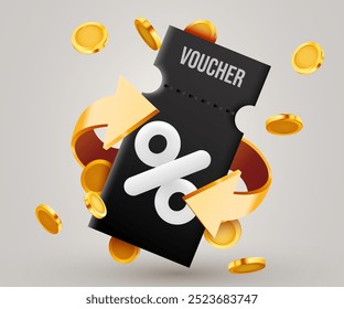 3d coupon with golden coins. Special giveaway with coupons or voucher, percentage off. Gift voucher and gold coin sign template. 3d vector illustration