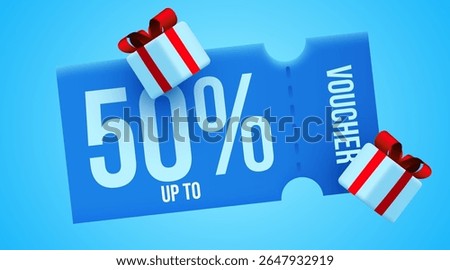 3d coupon with golden present boxes. Special giveaway with coupons or voucher, percentage off. Gift voucher template. Vector illustration