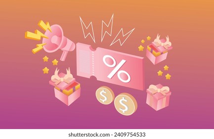 3D coupon icon with megaphone speaker for sales and shopping online discount coupon of cash flash lightning.3d goal for technology,online social media usage illustration.