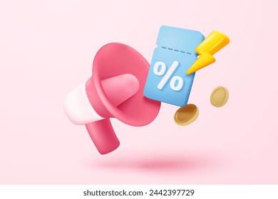 3D coupon icon with megaphone speaker for sales and shopping online, discount coupon of cash. flash lightning on time alert notice special offer promotion. 3d price tag icon vector render illustration