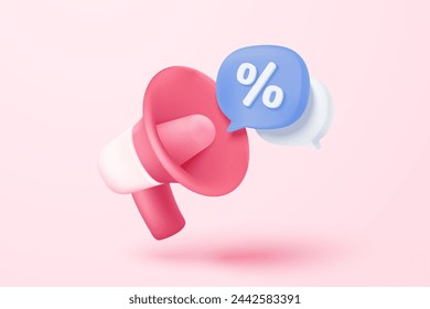 3D coupon icon with megaphone speaker for sales and shopping online, discount coupon of cash. flash lightning on time alert notice special offer promotion. 3d price tag icon vector render illustration