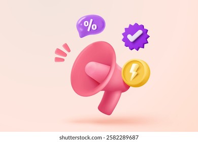 3D coupon icon with megaphone speaker for sales and shopping online, discount coupon of cash. flash lightning on time alert notice special offer promotion. 3d price tag icon vector render illustration