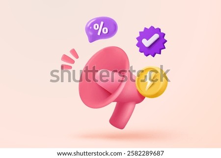 3D coupon icon with megaphone speaker for sales and shopping online, discount coupon of cash. flash lightning on time alert notice special offer promotion. 3d price tag icon vector render illustration