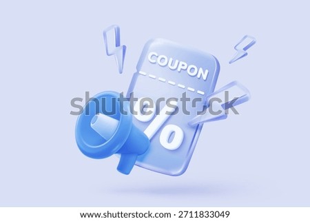 3D coupon icon with megaphone speaker for sales and shopping online, discount coupon of cash. flash lightning on time alert notice special offer promotion. 3d price tag icon vector render illustration
