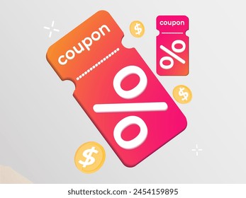 3D coupon icon with money and coins for sales and shopping online, discount coupon of cash. notice special offer promotion. 3d price tag icon vector render illustration