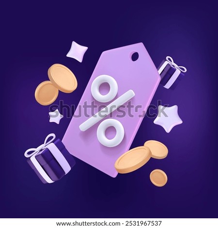 3d Coupon with money, gift boxes and neon stars on gradient background. Sale tag with floating coins. Voucher with percent sign. Discount label in plastic style and purple color. Vector illustration.