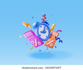 3d Coupon with percent symbol, alarm clock and confetti. Render discount voucher or coupon. Blank ticket shopping paper. Promotional offer confirmation. Bonus purchase gift. Vector illustration