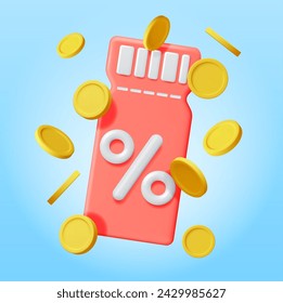 3d Coupon with Percent Symbol and Coins Isolated. Render Red Discount Voucher or Coupon and Money. Blank Ticket Shopping Paper Promotional Offer Confirmation. Bonus Purchase, Gift. Vector Illustration