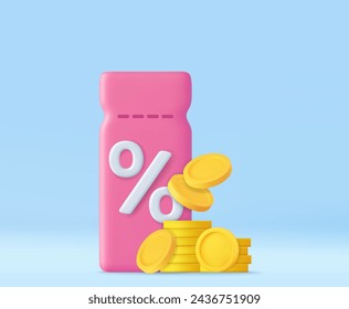 3d Coupon with Percent Symbol and Coins. Voucher card cash back template design. Premium special price offers sale coupon. 3d rendering. Vector illustration