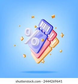 3d Coupon with Percent Symbol and Confetti Isolated. Render Discount Voucher or Coupon. Blank Ticket Shopping Paper. Promotional Offer Confirmation. Bonus Purchase, Gift Concept. Vector Illustration