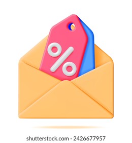 3D Coupon with Percent Symbol in Envelope Isolated on White. Render Color Discount Voucher or Coupon. Blank Ticket Shopping Paper. Promotional Offer. Bonus Purchase, Gift Concept. Vector Illustration