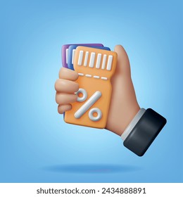 3d Coupon with Percent Symbol in Hand. Render Discount Voucher or Coupon. Blank Ticket Shopping Paper. Promotional Offer Confirmation. Bonus Purchase Gift. Vector Illustration