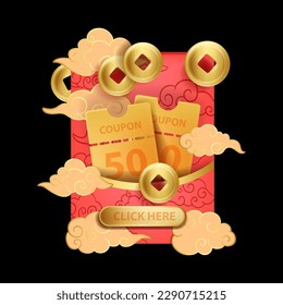 3D coupon pocket, Chinese lucky red envelope, vector sale promotion design golden money coin. Traditional asian fortune voucher oriental e-commerce shopping promo discount card. Chinese holiday coupon