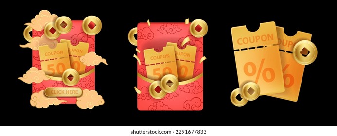 3D coupon pocket, lucky red Chinese envelope, vector sale promotion design golden money coin. Traditional asian fortune voucher oriental e-commerce shopping promo discount card. Chinese holiday coupon