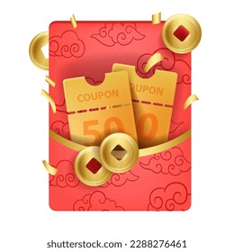 3D coupon pocket, vector Chinese lucky red envelope, sale promotion design golden money coin. Traditional asian fortune voucher oriental e-commerce shopping promo discount card. Chinese holiday coupon