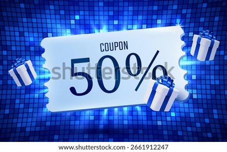3d coupon with present boxes. Special giveaway voucher, percentage off. Gift voucher template. Vector illustration