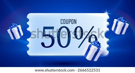 3d coupon with present boxes. Special giveaway voucher, percentage off. Gift voucher template. Vector illustration