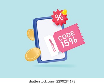 3D coupon for sale. Mobile phone with discount coupon, Percentage shopping gif voucher and flying with coin Online sale. Vector illustration.