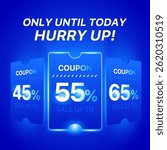 3d coupon slides in row with coupon code, percent price off, isolated on blue background with light effect. Gift voucher carousel for grand discount banner template in 3d vector
