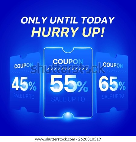 3d coupon slides in row with coupon code, percent price off, isolated on blue background with light effect. Gift voucher carousel for grand discount banner template in 3d vector
