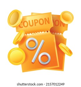 3D coupon, vector gift voucher, yellow discount lucky ticket, special offer promo isolated card, golden coin. Loyalty program certificate, cashback web shopping label, percent sign. 3D coupon clipart