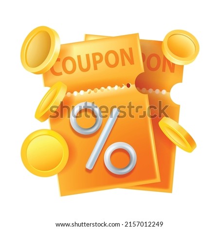3D coupon, vector gift voucher, yellow discount lucky ticket, special offer promo isolated card, golden coin. Loyalty program certificate, cashback web shopping label, percent sign. 3D coupon clipart