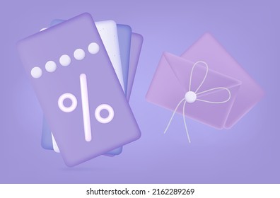 3d coupon or voucher with discount in an envelope. Sale banner, concept of loyalty program, big discounts and low prices. Gift envelope with voucher. Product promotion on purple background. Vector