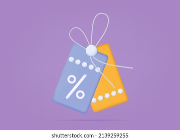 3d coupon, voucher or ticket. Great deal with promo code. Advertisement, announcement,  purchase with a special discount. Price tag with percentage, banner with flying voucher, coupon, label. Vector
