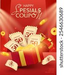 3d coupons, coins flying out from opened red gift box with ribbons, isolated on red background, shining effect. New year gift voucher banner template in 3d vector.