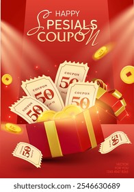 3d coupons, coins flying out from opened red gift box with ribbons, isolated on red background, shining effect. New year gift voucher banner template in 3d vector.