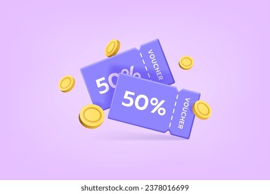 3D coupons. Discount voucher and money. Sale tickets. Gift code or shop bonus. Flying coins. Special offer free percent. Render purchase certificates. Shopping benefit. Store promotion. Vector concept