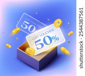 3d coupons in glass morphism style inside a opened luxury gift box, golden coin isolated on white background. Gift voucher with coupon code for exclusive discount event. 3d premium gift voucher vector