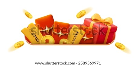 3d coupons and golden coins with red gift boxes and lucky money rising from a slot, isolated on white background. Gift voucher with cash back discount poster template in 3d vector.