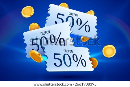 3d coupons with golden coins. Special giveaway voucher, percentage off. Gift voucher template. Vector illustration