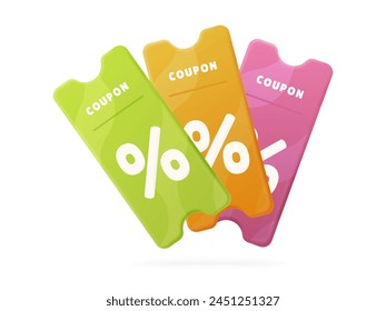 3d coupons set. Vouchers with pattern in different colors. Vector illustration isolated on white background. For special price offers banner, promotion poster, discount online purchases