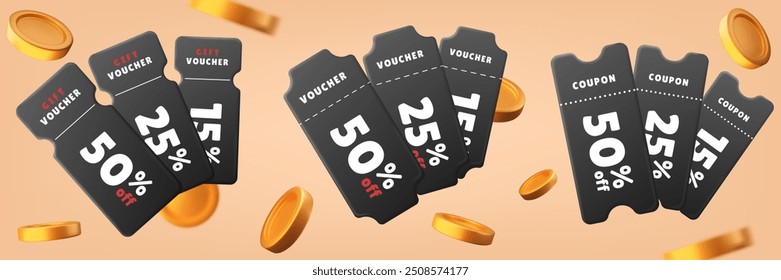 cupons 3D definido, design de promoção de cupons. Vetor isolado realista Diferente forma cupons pretos e moedas de ouro em perspectiva. Para a venda Black Friday, preço especial oferece banner, cartaz de promoção