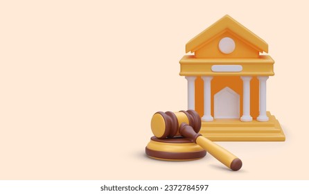 3D court building and judges wooden gavel with stand. Sentencing. Assistance of lawyer. Win case in court. Advertising poster with place for logo, link button