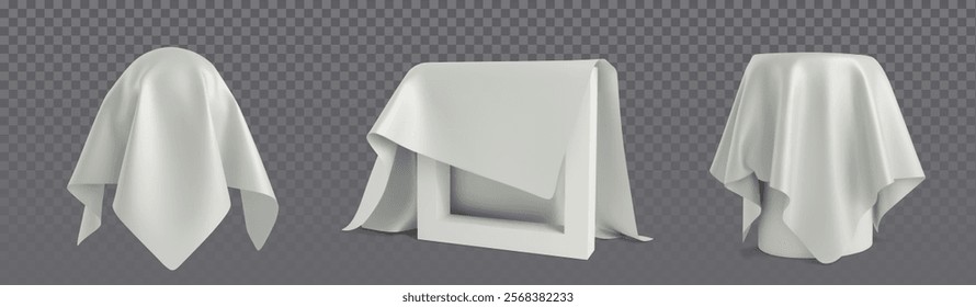 3d covered objects under white cloth drapery - reveal mockup with different shapes and folds. Mysterious presentation template for product launch, magic show concept and theatrical unveiling design.