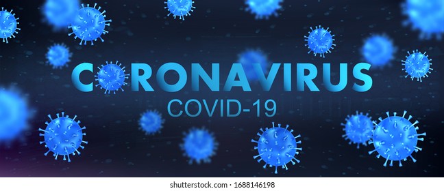 3D Covid-19 bacteria on blue background and the inscription Coronavirus. Infection pathogen virus with blur effect. Covid-2019 or 2019-nCoV concept. 3D Microbe vector illustration background