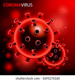 3D COVID-2019 red cells. Red background with bacteria and inscription coronavirus. 2019-nCoV concept. Vector illustration.
