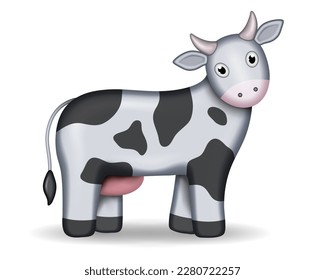 3 d vaca como icono, linda cría para bebé. Carne de vacuno, concepto lechero, ganado de granja, vaca kawaii tierna y caliente, animal de pezuña, ilustración vectorial aislada en fondo blanco