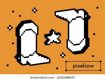 3d cowboy boots pixel art black element. Trendy western collage sticker on brown background. 8bit retro style isolated vector illustration. Simple geometric shape. Game abstract wild west fashion icon